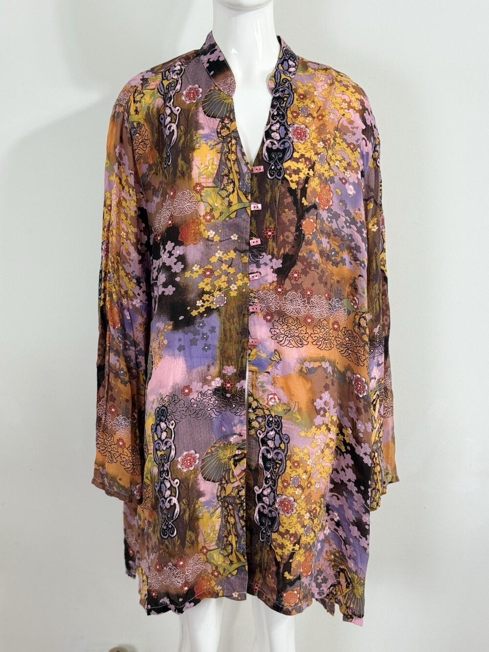 Vintage Tianello Willow Kimono Shirt Women’s XL Boho Hippie Floral Geisha Rayon